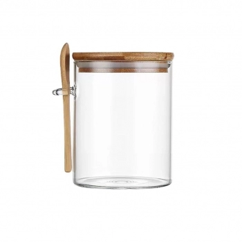 Pote Hermético Borossilicato Redondo 450 ML Com Tampa E Colher Bambu