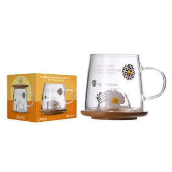 Caneca Borossilicato 3D c/ Pires/Tampa de Bambu 280ml Luva com 1 - Margarida