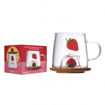 Caneca Borossilicato 3D c/ Pires/Tampa de Bambu 280ml Luva com 1 - Morango