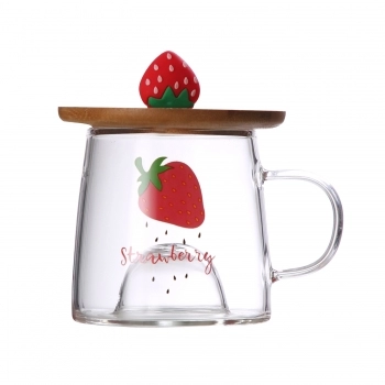 Caneca Borossilicato 3D c/ Pires/Tampa de Bambu 280ml Luva com 1 - Morango