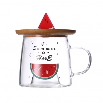 Caneca Borossilicato 3D c/ Pires/Tampa de Bambu 280ml Luva com 1 - Melancia