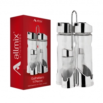 Kit Galheteiro Vidro 170 ML Sal e Pimenta 40 ML Com Suporte Na Luva com 4 Peças