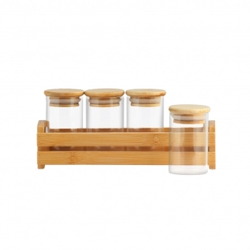 Pote Borossilicato 90ml Redondo Com Tampa Suporte Bambu - 04 Unid.