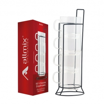 Xicara Borossilicato 220ml Empilhavel Suporte Metal 04 Unid.