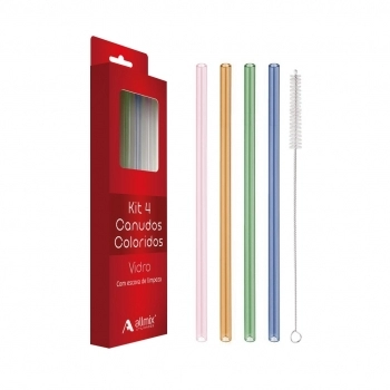 Kit Canudo De Vidro E Escova Colorido 5 Unidade