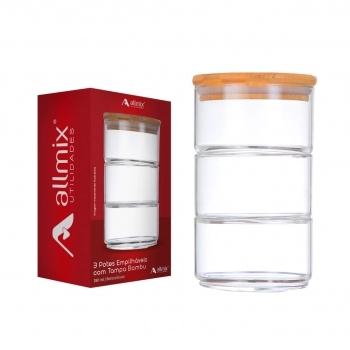 Pote Borossilicato Redondo Empilhável 280ml Com Tampa Bambu - Luva Com 03