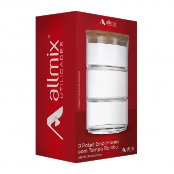 Pote Borossilicato Redondo Empilhável 280ml Com Tampa Bambu - Luva Com 03