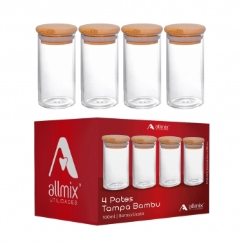 Pote Borossilicato Redondo 100ml Com Tampa Bambu - Kit com 04