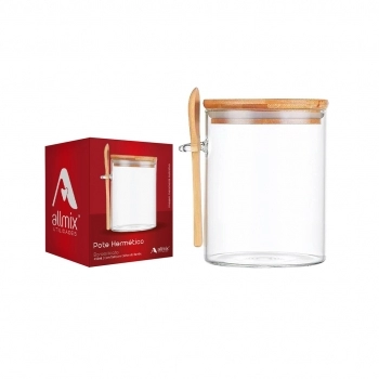 Pote Hermético Borossilicato Redondo 450 ML Com Tampa E Colher Bambu