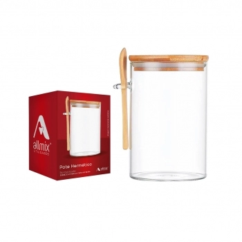 Pote Hermético Borossilicato Redondo 550 ML Com Tampa E Colher Bambu