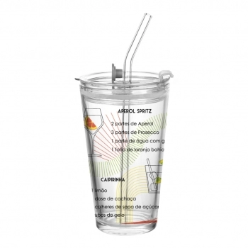 Copo de Vidro com Tampa de plástico e Canudo de Vidro 450 ML Luva com 1