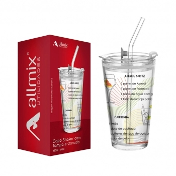 Copo de Vidro com Tampa de plástico e Canudo de Vidro 450 ML Luva com 1