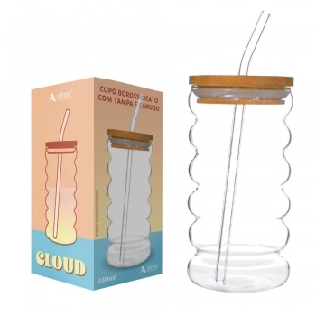 Copo Borossilicato Drinks 450ml Cloud com Tampa e Canudo na Luva com 1