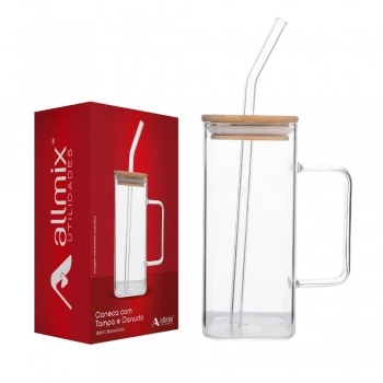 Caneca Borossilicato Quadrada com Tampa de Bambu e Canudo de Vidro 380ML Luva com 1