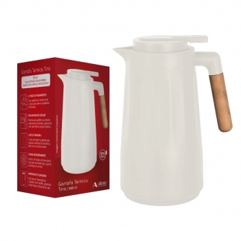 Garrafa Térmica Tina 1000ml Com Cabo De Madeira - Bege