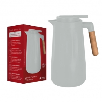 Garrafa Termica Tina 1000ml Com Cabo De Madeira - Cinza Claro
