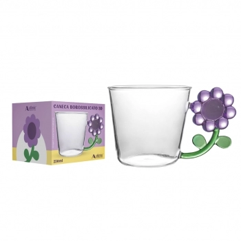Caneca Borossilicato Pétalas 250ml Luva com 1 - Roxa
