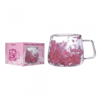 Caneca Borossilicato Parede Dupla Flores Secas 200ml Luva com 1 - Pink