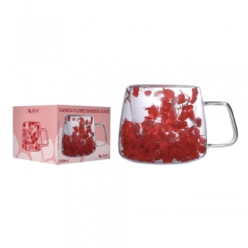 Caneca Borossilicato Parede Dupla Flores Secas 200ml Luva com 1 - Red