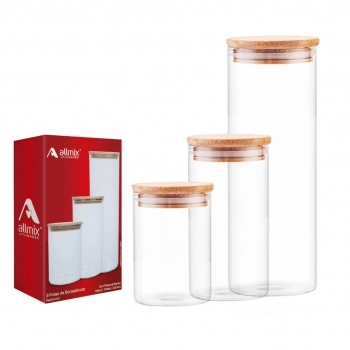Conjunto com 3 Potes de Vidro Borossilicato Redondo com Tampa de Bambu – 700ml / 1100ml / 2000ml