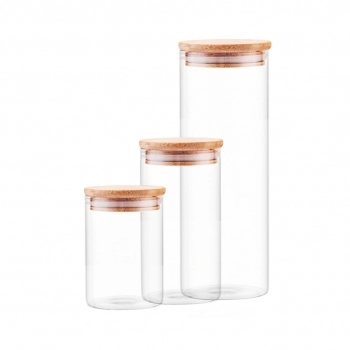 Conjunto com 3 Potes de Vidro Borossilicato Redondo com Tampa de Bambu – 700ml / 1100ml / 2000ml
