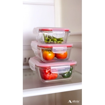 Conjunto com 3 Potes Herméticos Borosilicato Retangular com tampa 370/640/1050ml